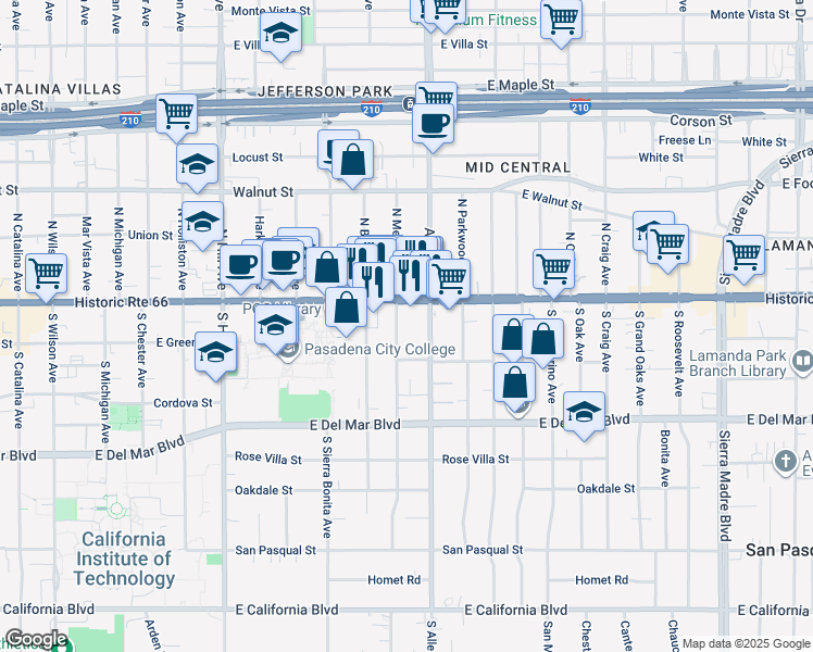 map of restaurants, bars, coffee shops, grocery stores, and more near 40 South Meridith Avenue in Pasadena