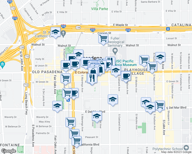 map of restaurants, bars, coffee shops, grocery stores, and more near in Pasadena