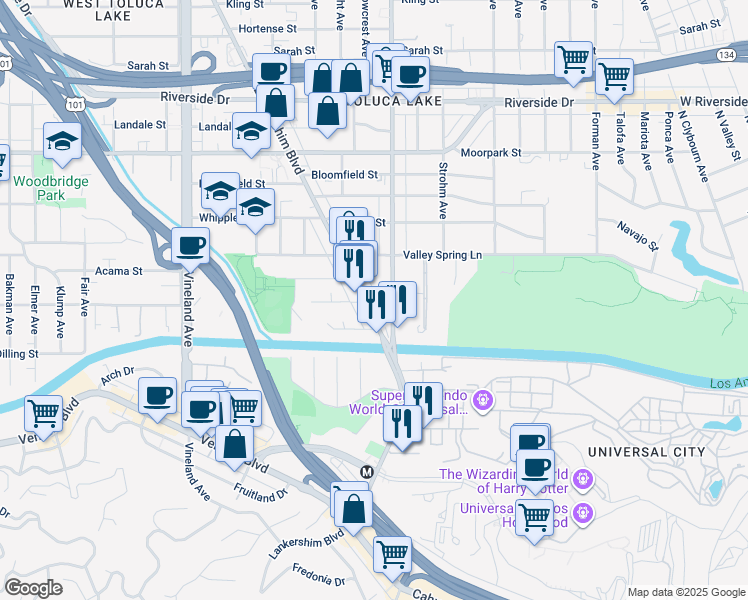 map of restaurants, bars, coffee shops, grocery stores, and more near 4100 Lankershim Boulevard in Los Angeles