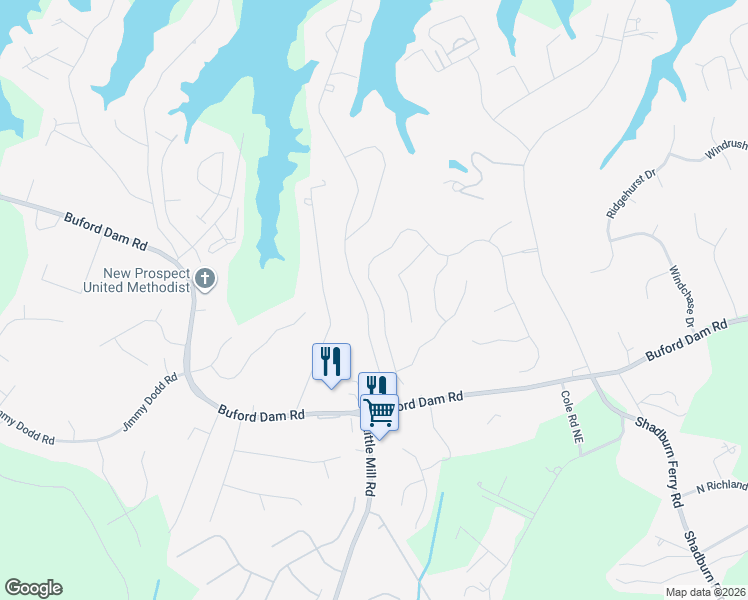 map of restaurants, bars, coffee shops, grocery stores, and more near 6205 Lake Windsor Parkway in Buford
