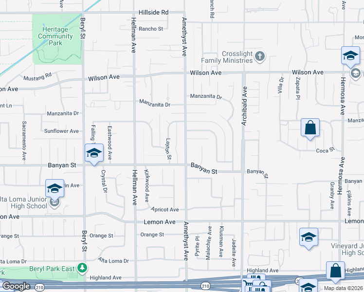 map of restaurants, bars, coffee shops, grocery stores, and more near 6028 Amethyst Avenue in Rancho Cucamonga