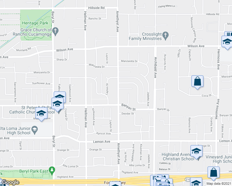 map of restaurants, bars, coffee shops, grocery stores, and more near 6028 Amethyst Avenue in Rancho Cucamonga