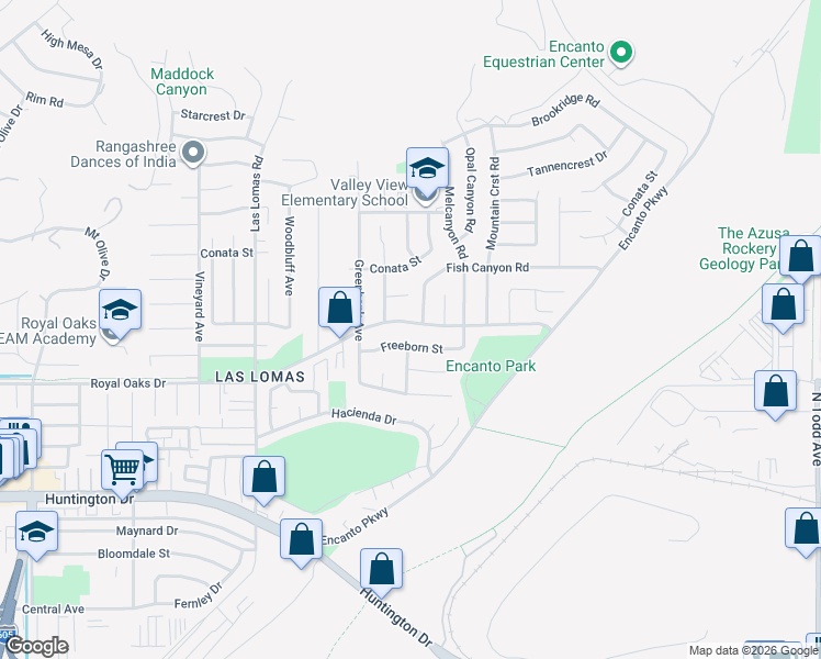 map of restaurants, bars, coffee shops, grocery stores, and more near 2960 Royal Oaks Drive in Duarte