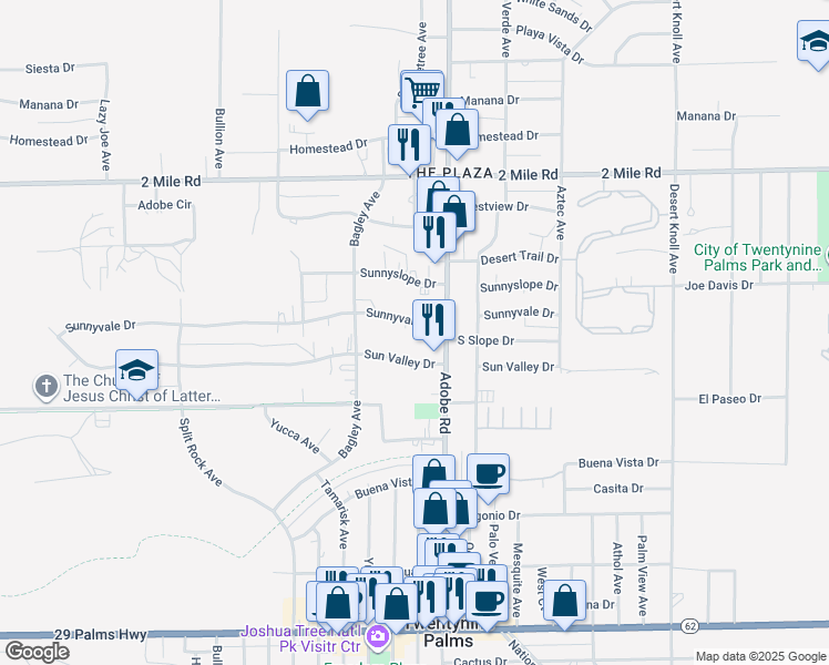 map of restaurants, bars, coffee shops, grocery stores, and more near 73637 Sunnyvale Drive in Twentynine Palms
