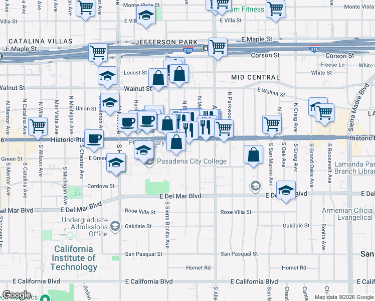 map of restaurants, bars, coffee shops, grocery stores, and more near 42 South Bonnie Avenue in Pasadena