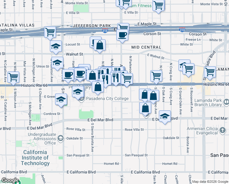 map of restaurants, bars, coffee shops, grocery stores, and more near 40 South Meridith Avenue in Pasadena