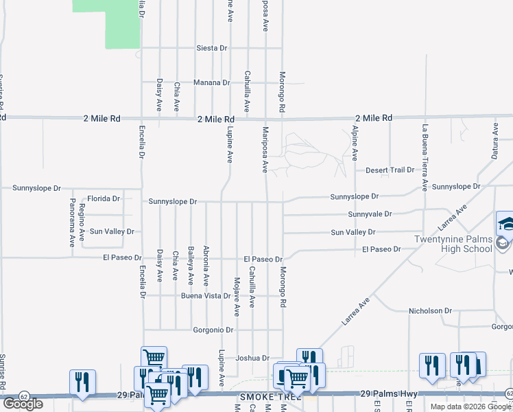 map of restaurants, bars, coffee shops, grocery stores, and more near 72025 Sunnyslope Drive in Twentynine Palms