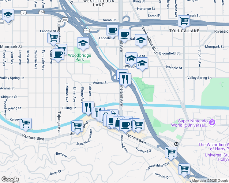 map of restaurants, bars, coffee shops, grocery stores, and more near 11022 Aqua Vista Street in Los Angeles