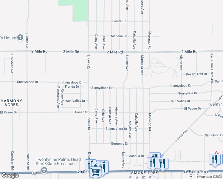map of restaurants, bars, coffee shops, grocery stores, and more near 71851 Sunnyslope Drive in Twentynine Palms