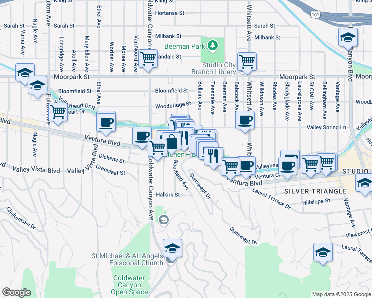 map of restaurants, bars, coffee shops, grocery stores, and more near 12700 Ventura Boulevard in Los Angeles