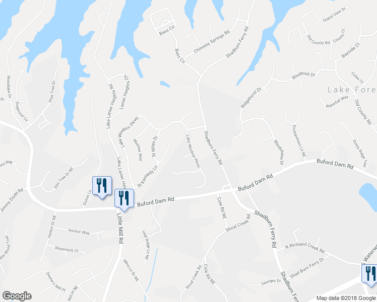 map of restaurants, bars, coffee shops, grocery stores, and more near 2394 Royal Pembroke Lane in Buford