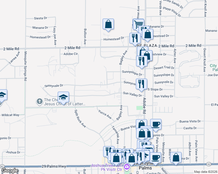 map of restaurants, bars, coffee shops, grocery stores, and more near 73445 Sunnyvale Drive in Twentynine Palms