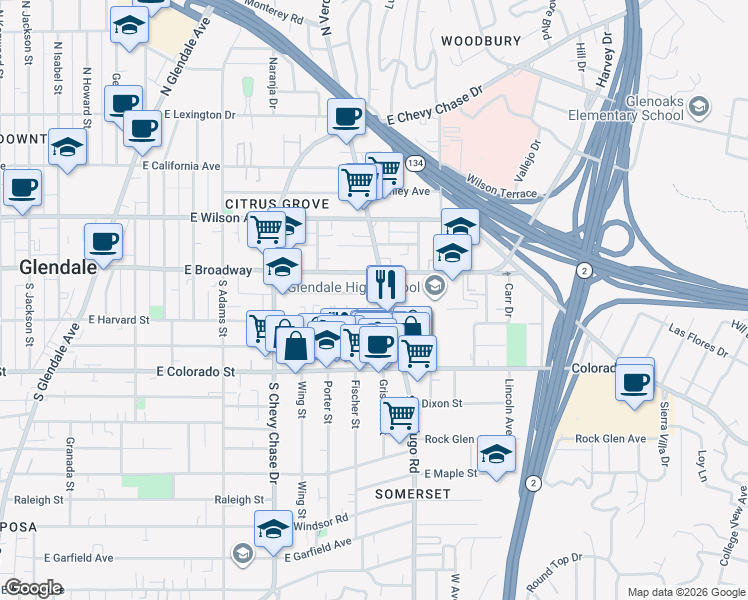 map of restaurants, bars, coffee shops, grocery stores, and more near 1354 Carlton Drive in Glendale