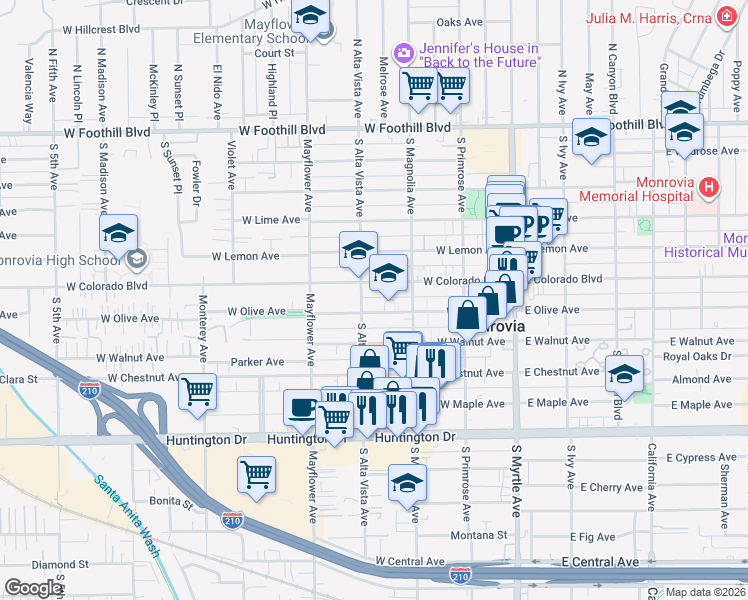 map of restaurants, bars, coffee shops, grocery stores, and more near 339 West Olive Avenue in Monrovia