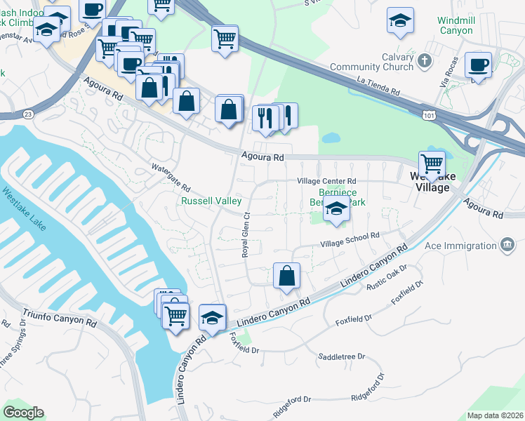 map of restaurants, bars, coffee shops, grocery stores, and more near 31923 Watergate Court in Westlake Village