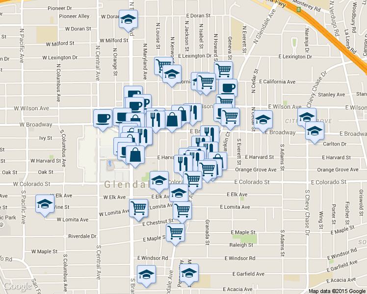 map of restaurants, bars, coffee shops, grocery stores, and more near 131 South Jackson Street in Glendale