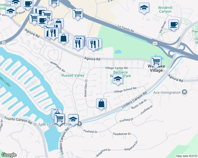 map of restaurants, bars, coffee shops, grocery stores, and more near 4403 Regents Court in Westlake Village
