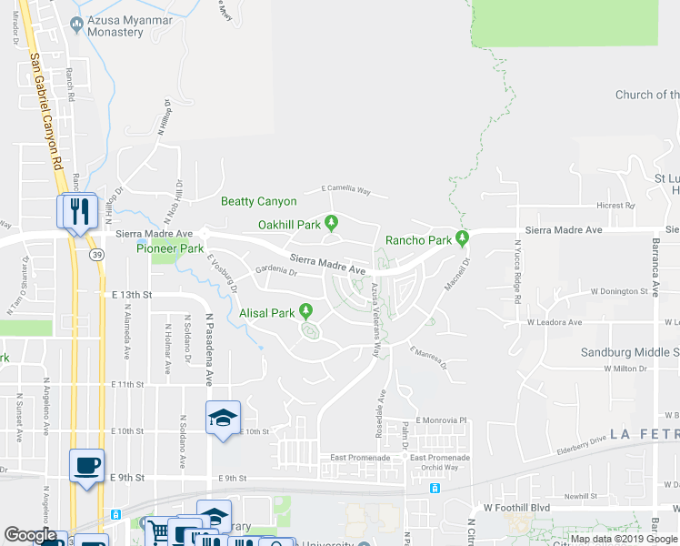 map of restaurants, bars, coffee shops, grocery stores, and more near 649 Lavender Way in Azusa