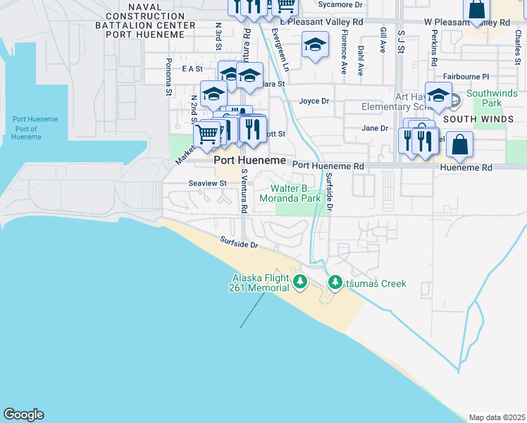 map of restaurants, bars, coffee shops, grocery stores, and more near in Naval Air Station Point Mugu