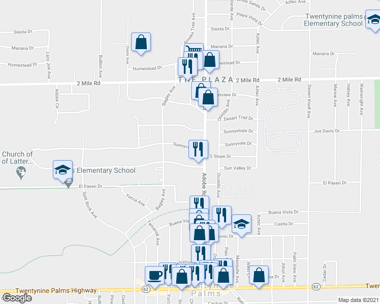 map of restaurants, bars, coffee shops, grocery stores, and more near 73680 Sun Valley Drive in Twentynine Palms