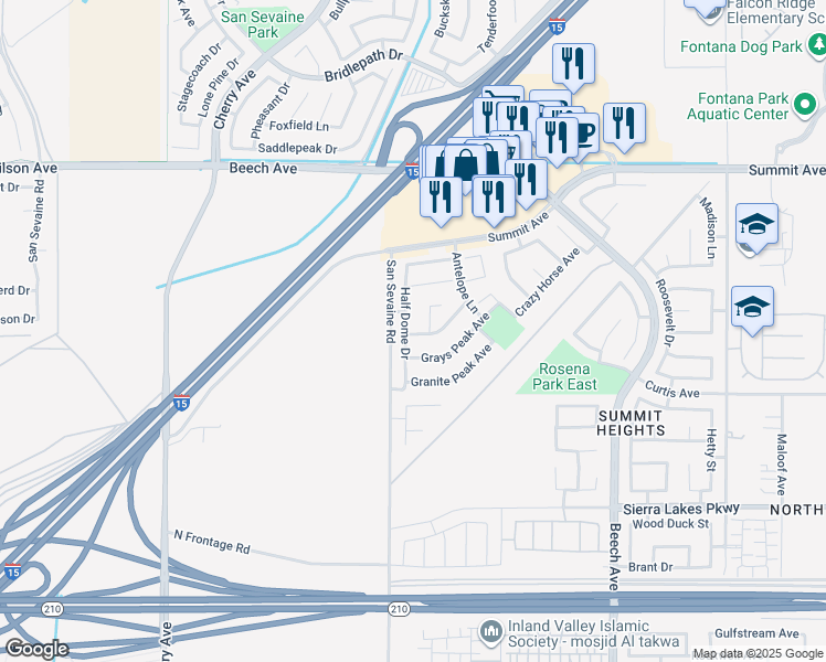 map of restaurants, bars, coffee shops, grocery stores, and more near 14954 Grays Peak Avenue in Fontana