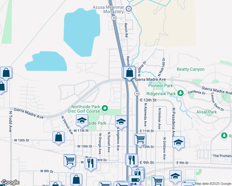 map of restaurants, bars, coffee shops, grocery stores, and more near 350 West Annandale Lane in Azusa