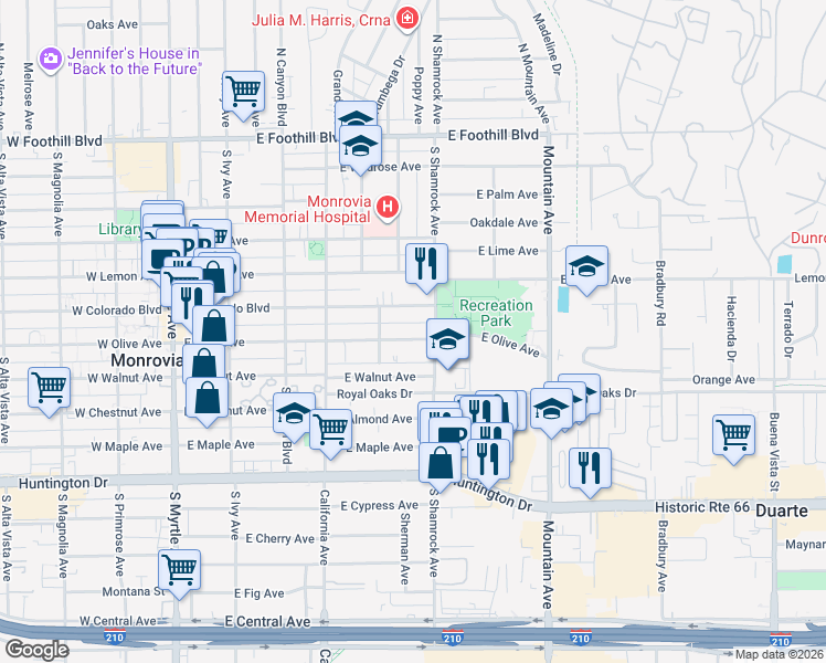 map of restaurants, bars, coffee shops, grocery stores, and more near 618 East Olive Avenue in Monrovia