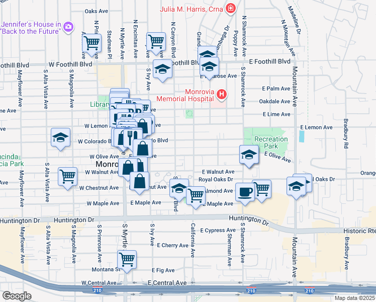map of restaurants, bars, coffee shops, grocery stores, and more near 310 East Olive Avenue in Monrovia