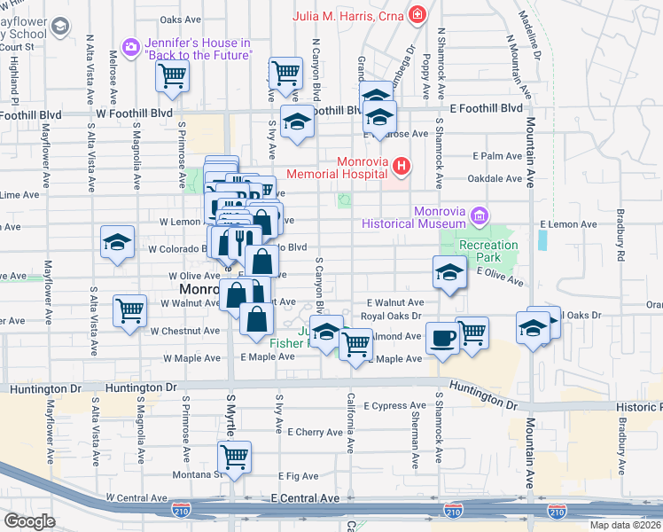 map of restaurants, bars, coffee shops, grocery stores, and more near 310 East Olive Avenue in Monrovia