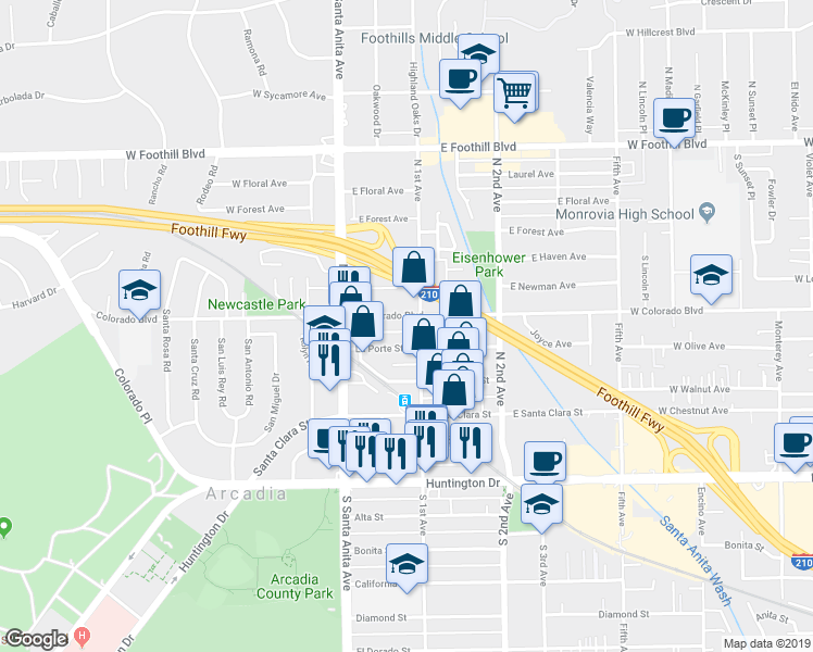map of restaurants, bars, coffee shops, grocery stores, and more near 56 La Porte Street in Arcadia