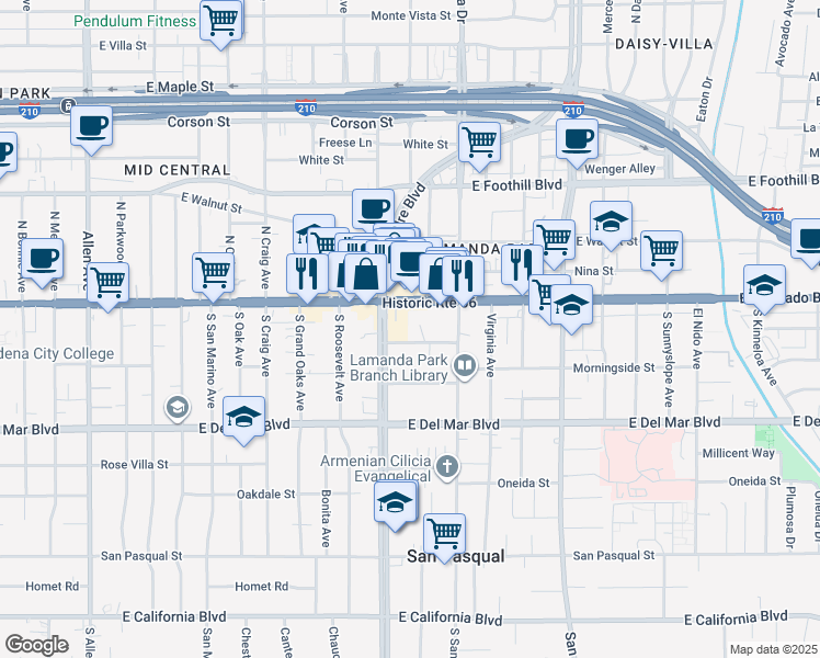 map of restaurants, bars, coffee shops, grocery stores, and more near 2396 Mohawk Street in Pasadena