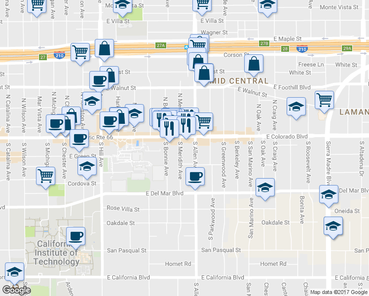 map of restaurants, bars, coffee shops, grocery stores, and more near 80 South Meridith Avenue in Pasadena