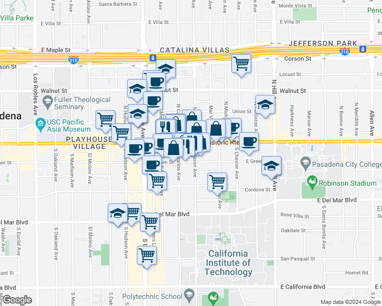 map of restaurants, bars, coffee shops, grocery stores, and more near 1092 East Green Street in Pasadena