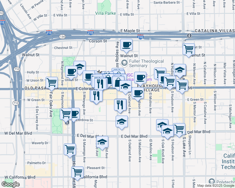 map of restaurants, bars, coffee shops, grocery stores, and more near in Pasadena