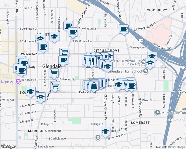 map of restaurants, bars, coffee shops, grocery stores, and more near 1021 East Harvard Street in Glendale