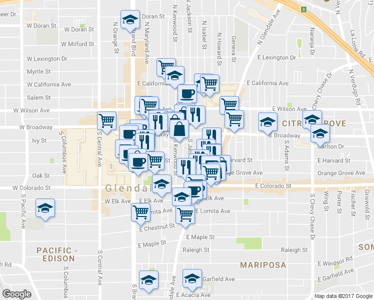 map of restaurants, bars, coffee shops, grocery stores, and more near 409 East Harvard Street in Glendale