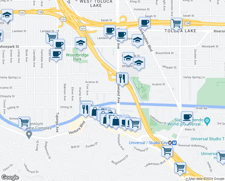 map of restaurants, bars, coffee shops, grocery stores, and more near 11022 Aqua Vista Street in Los Angeles