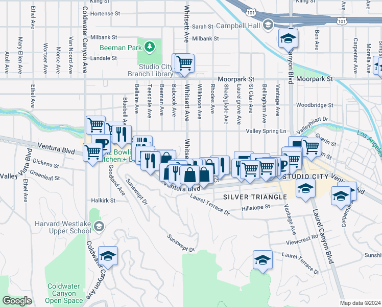 map of restaurants, bars, coffee shops, grocery stores, and more near 4041 Whitsett Avenue in Los Angeles