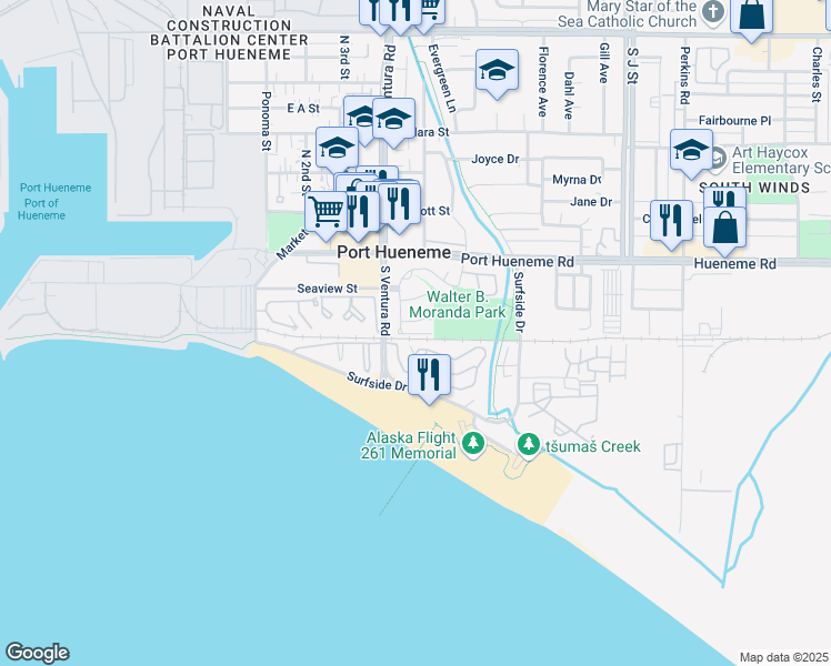 map of restaurants, bars, coffee shops, grocery stores, and more near in Naval Air Station Point Mugu