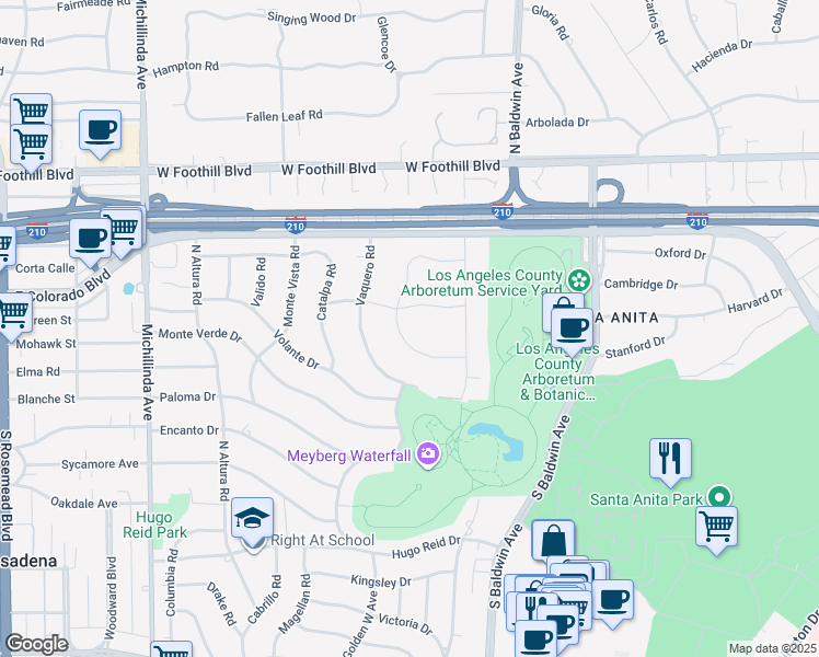 map of restaurants, bars, coffee shops, grocery stores, and more near 875 San Simeon Road in Arcadia