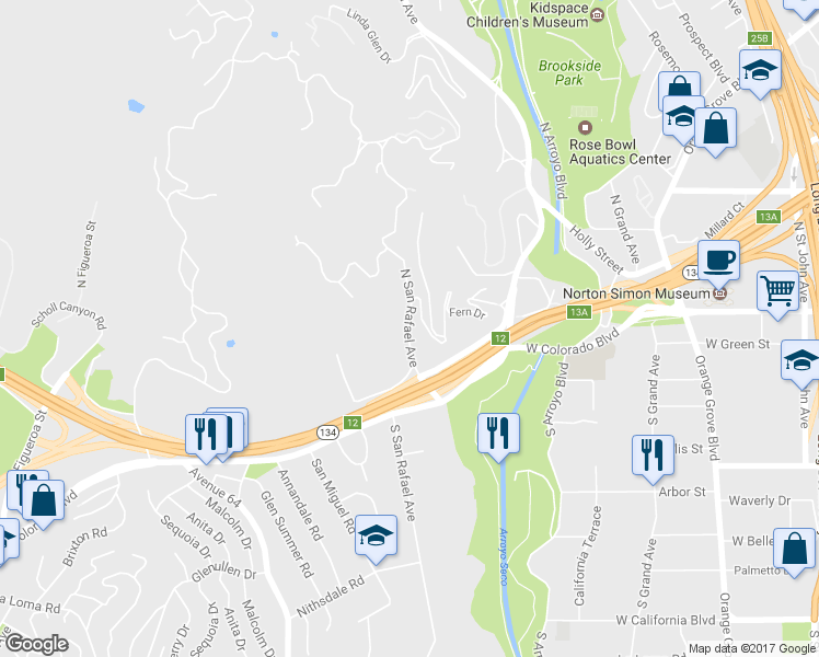 map of restaurants, bars, coffee shops, grocery stores, and more near 85 North San Rafael Avenue in Pasadena