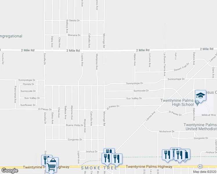 map of restaurants, bars, coffee shops, grocery stores, and more near 72133 Sunnyslope Drive in Twentynine Palms