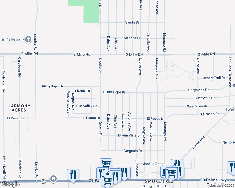 map of restaurants, bars, coffee shops, grocery stores, and more near 71807 Sunnyslope Drive in Twentynine Palms