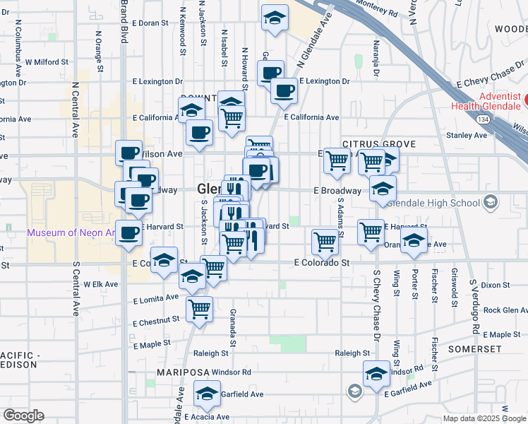 map of restaurants, bars, coffee shops, grocery stores, and more near 130 Franklin Court in Glendale