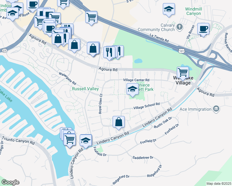 map of restaurants, bars, coffee shops, grocery stores, and more near 4403 Regents Court in Westlake Village