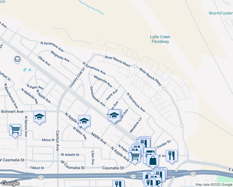 map of restaurants, bars, coffee shops, grocery stores, and more near 19645 Perry Avenue in Rialto