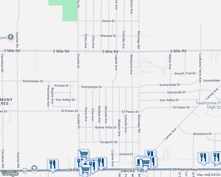 map of restaurants, bars, coffee shops, grocery stores, and more near 5975 Abronia Avenue in Twentynine Palms