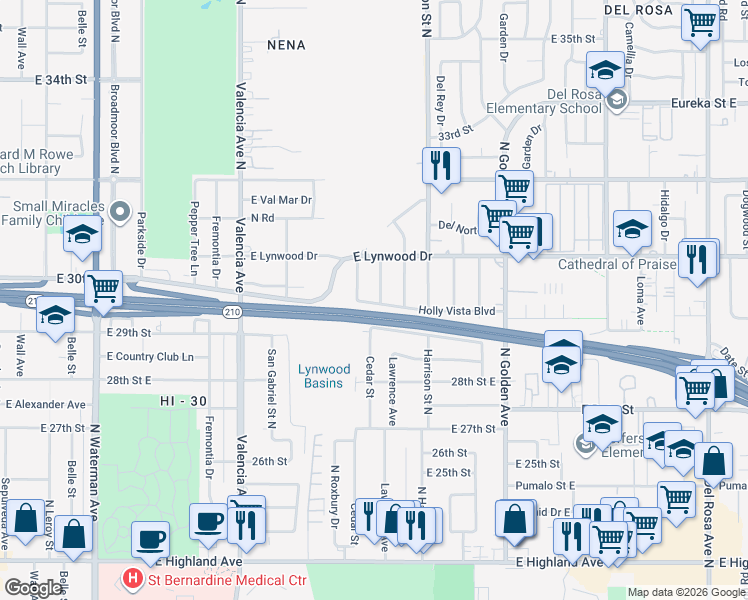 map of restaurants, bars, coffee shops, grocery stores, and more near 2892 Cedar Street in San Bernardino