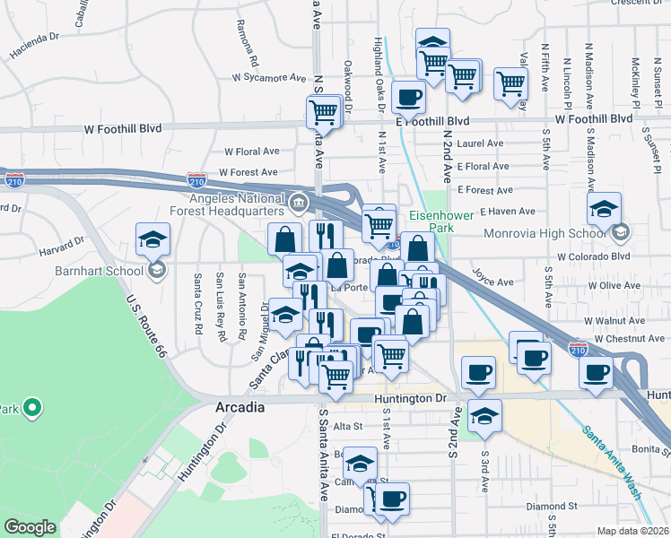 map of restaurants, bars, coffee shops, grocery stores, and more near 23 La Porte Street in Arcadia