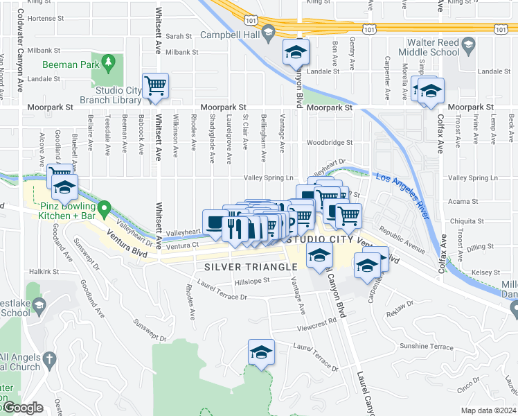 map of restaurants, bars, coffee shops, grocery stores, and more near 12225 Ventura Boulevard in Los Angeles